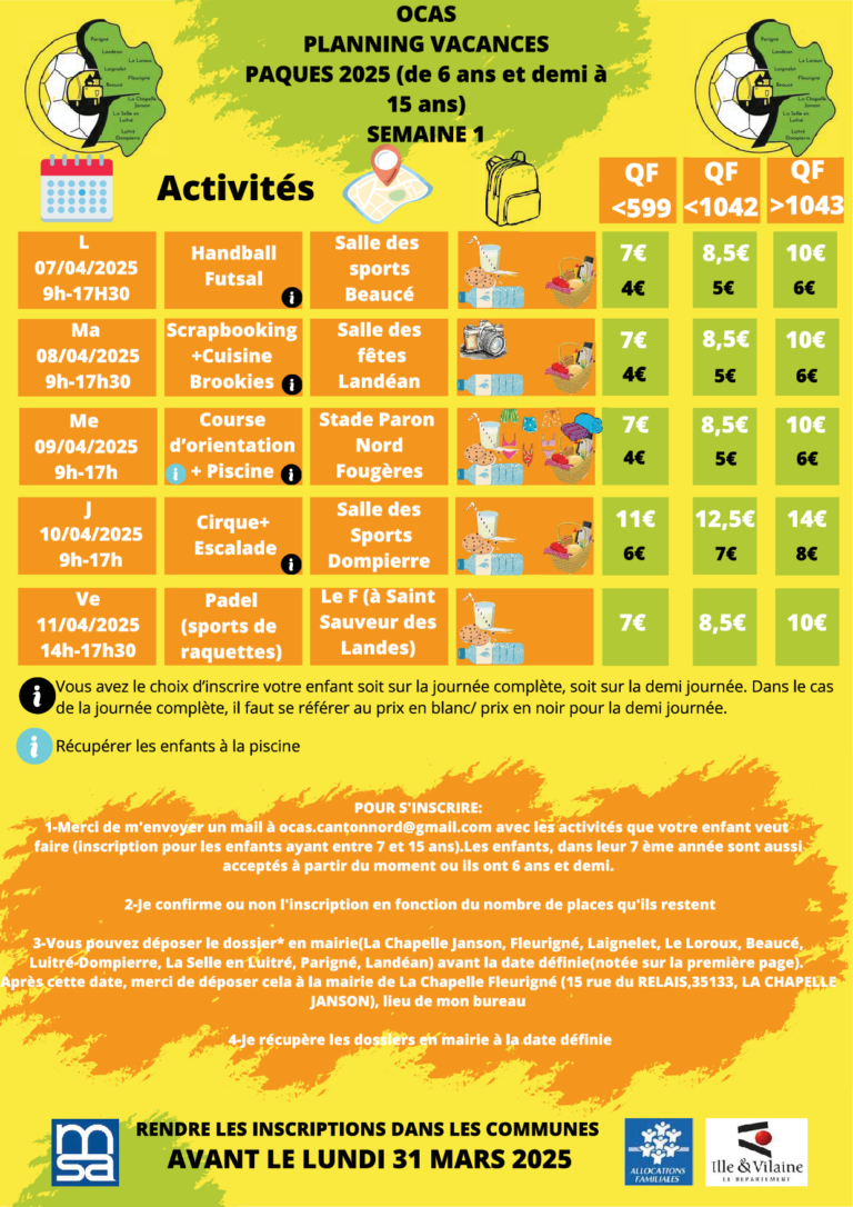 OCAS: Vacances d’avril 2025